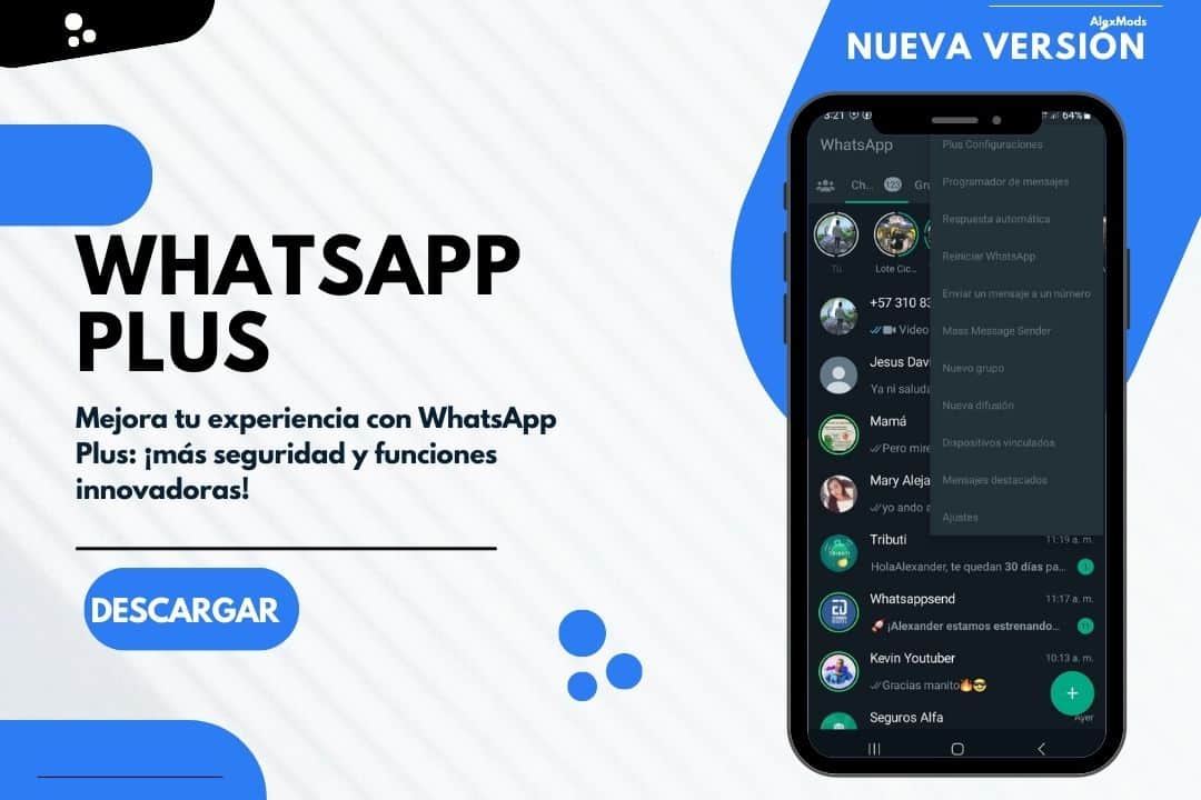 Captura de pantalla de las nuevas características de seguridad y funciones de WhatsApp Plus.